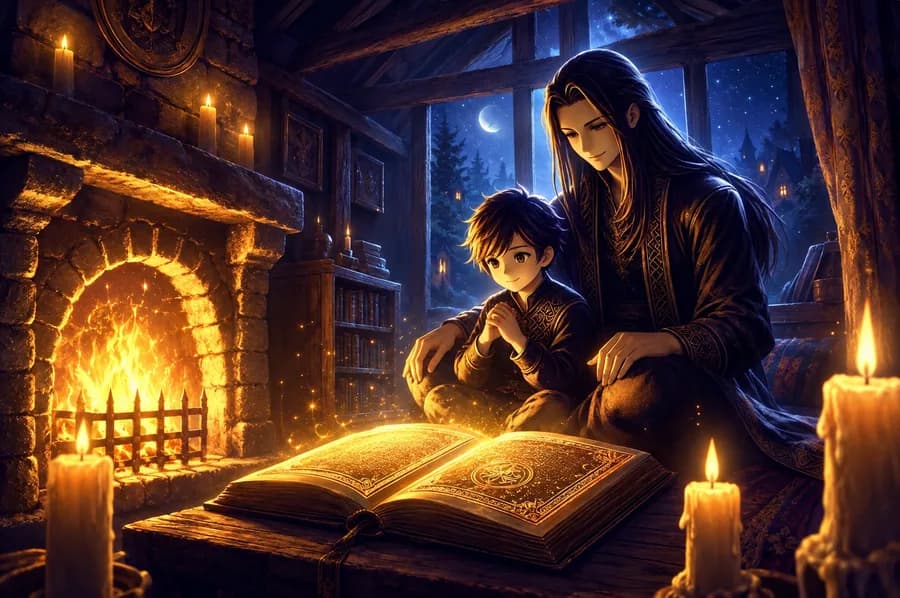 Мать читает сыну светящуюся книгу у камина